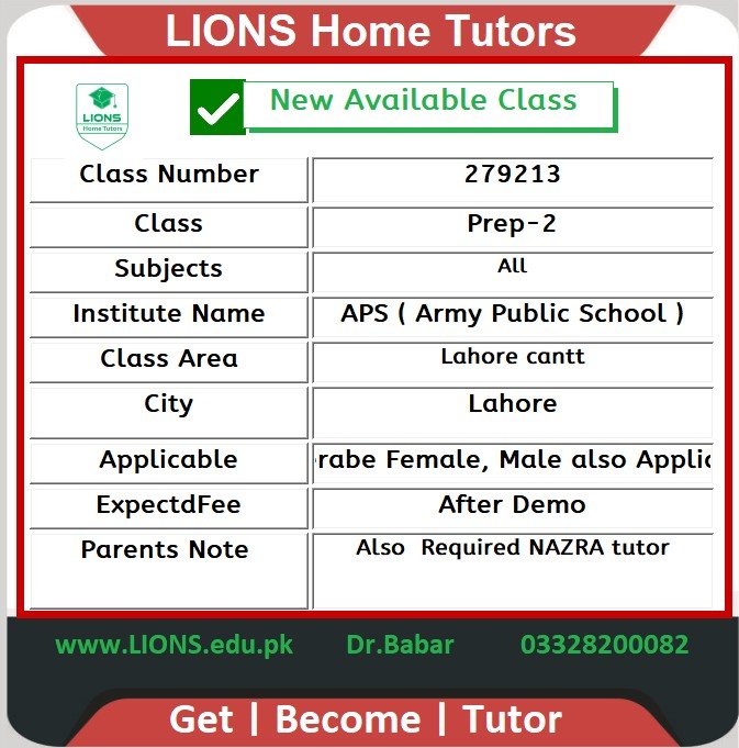 Home Tutor for Class Prep-2 in Lahore cantt Lahore