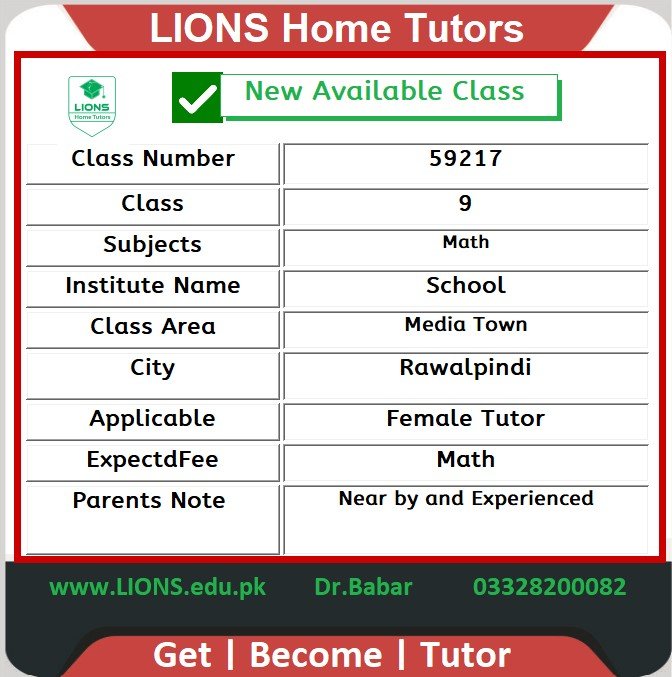 Home Tutor for Class 9 in Media Town Rawalpindi